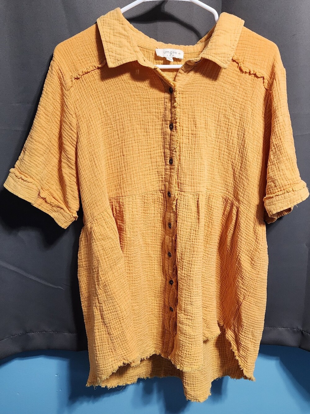 Umgee Boho Honey Orange Cotton Gauze Frayed Hem Button Down Top Shirt XL